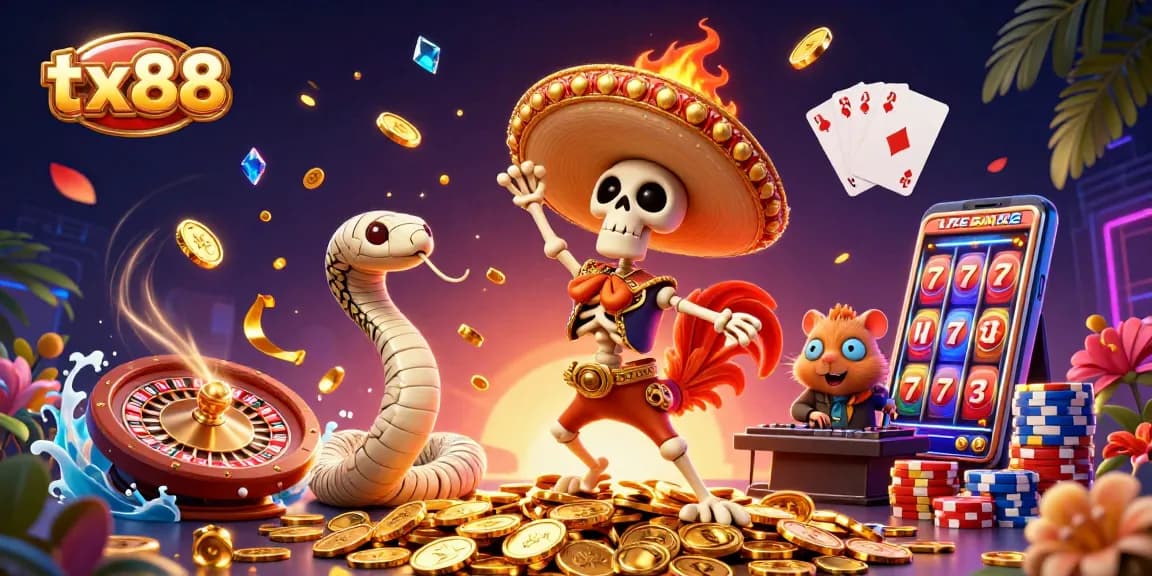 Experience vibrant gameplay at tx88 with a 3D casino dynamic scene featuring lucky characters and gambling elements.
