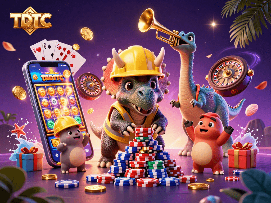 TDTC showcases a lively scene with a triceratops building poker chip towers, celebrating casino wins.