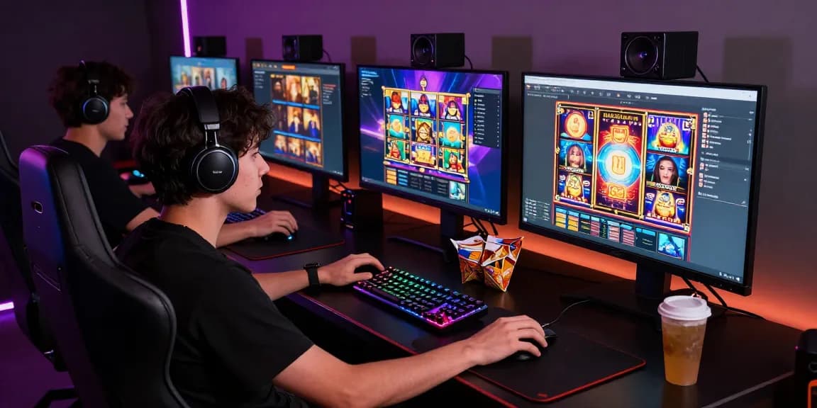 Engaging slot online gaming setup with multiple screens and vibrant graphics.