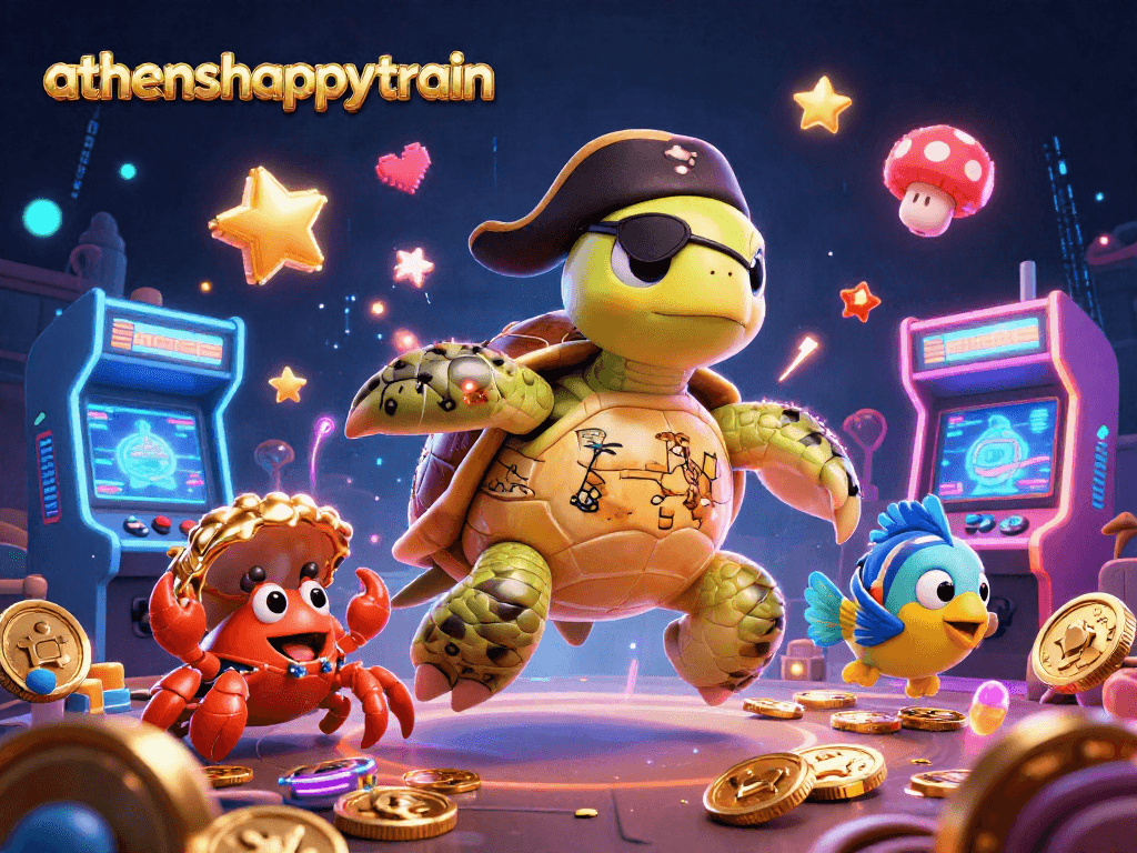Engage with athenshappytrain's lively casino experience featuring a pirate turtle, hermit crab, and parrotfish.