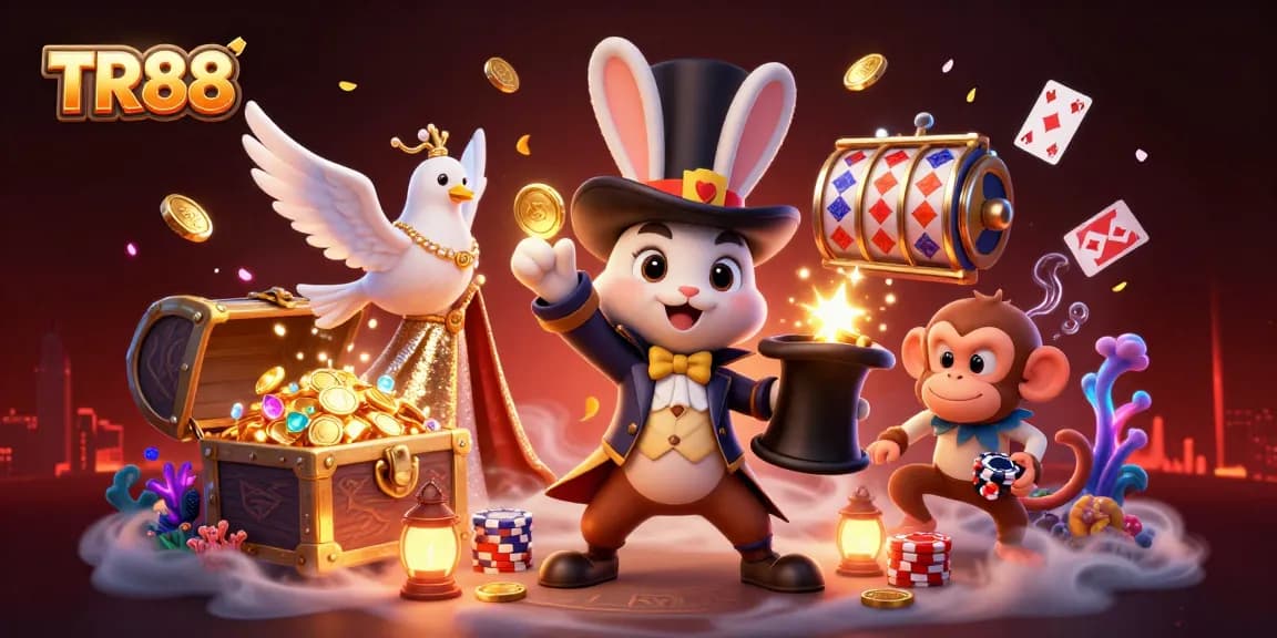 TR88 magician rabbit casting magic with golden coins in a vibrant casino scene