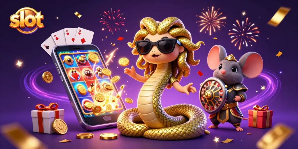 Menggandakan slot melalui permainan kasino dengan karakter Medusa dan mouse perang.