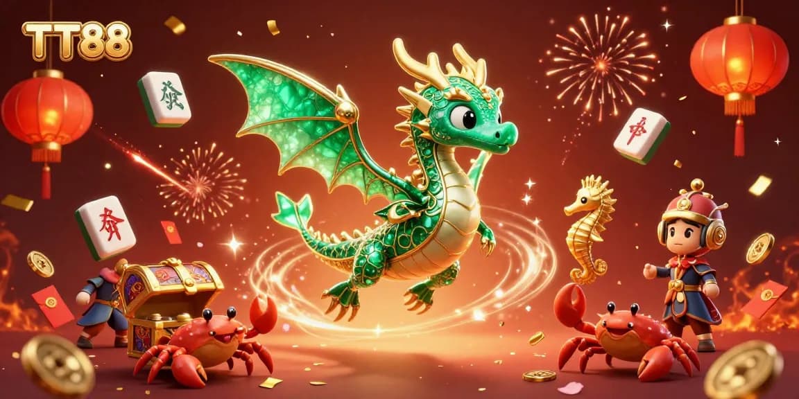Experience the vibrant TT88 casino scene with a majestic emerald sea dragon and festive elements.