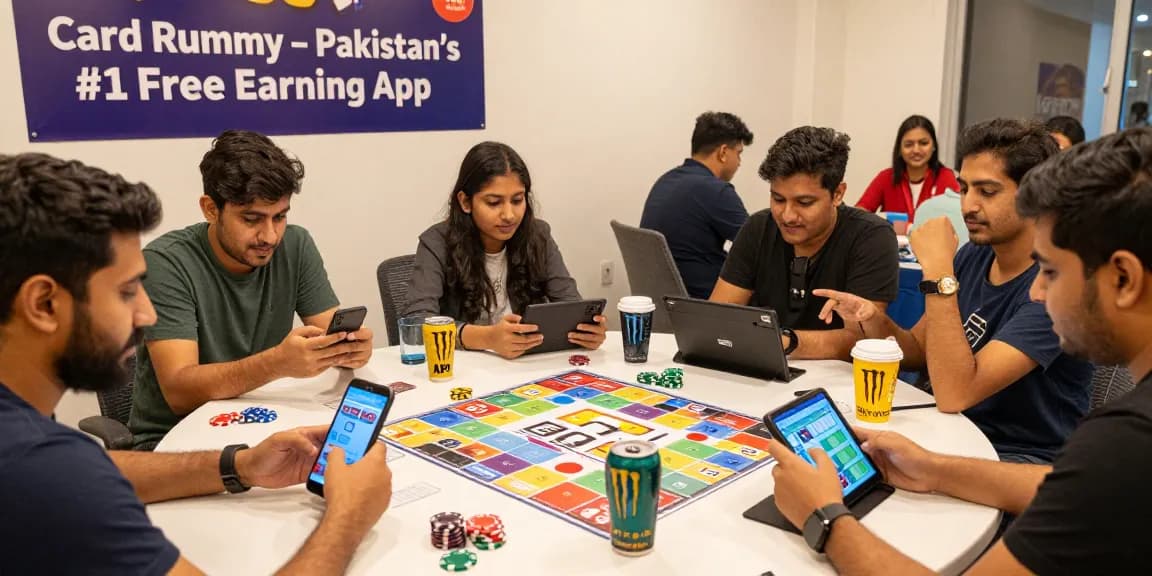 Exciting group playing Card Rummy APK on smartphones, showcasing the download file interface in vibrant room.