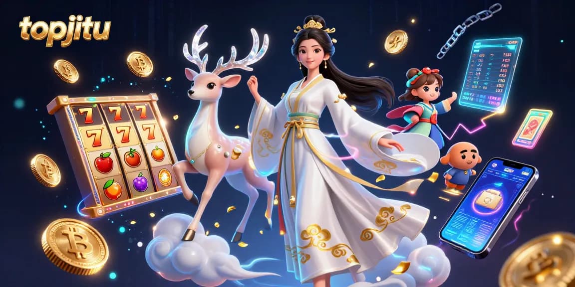 Experience the thrill of gaming at topjitu with a vibrant 3D illustration featuring slots, crypto elements, and casino ambiance.