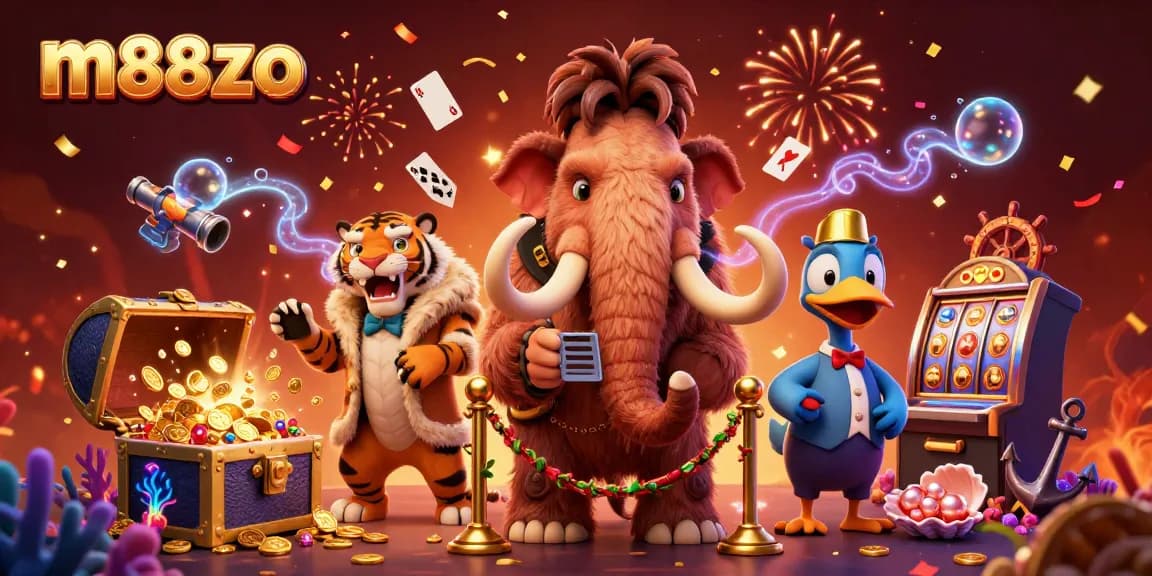 Experience m88zo's thrilling atmosphere with vibrant casino elements and engaging characters.