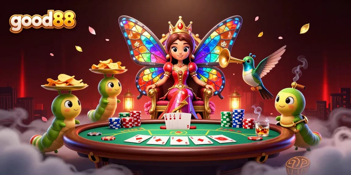 Experience good88 excitement with a vibrant casino-themed digital illustration filled with dynamic gaming elements.