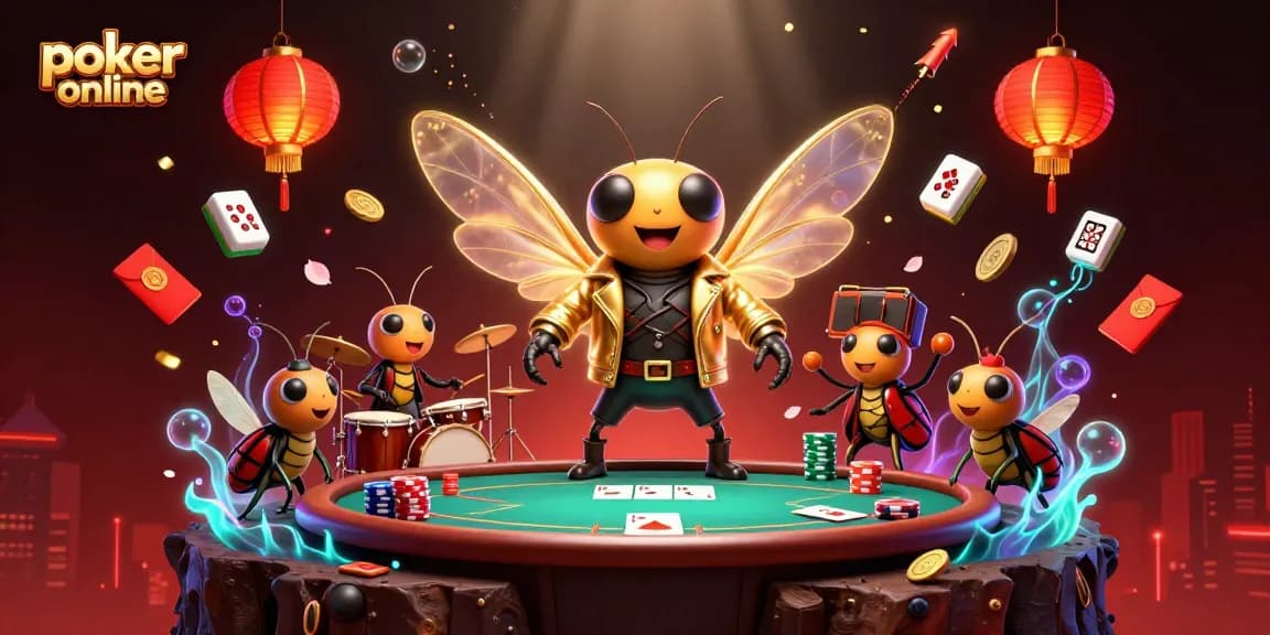 Memenangkan poker online dengan gaya unik, menampilkan cicada rock star dan elemen kasino berwarna-warni.