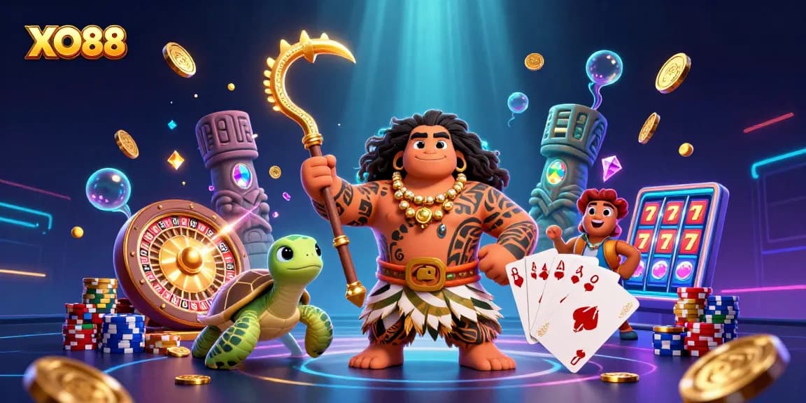 Engage in thrilling gameplay with XO88’s cartoon demigod and vibrant casino elements in an exciting scene.