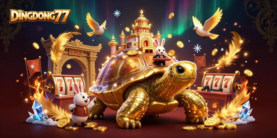 DINGDONG77 showcases a vibrant casino scene with a golden tortoise palace, thrilling slots, and a rabbit dealer engaging players.