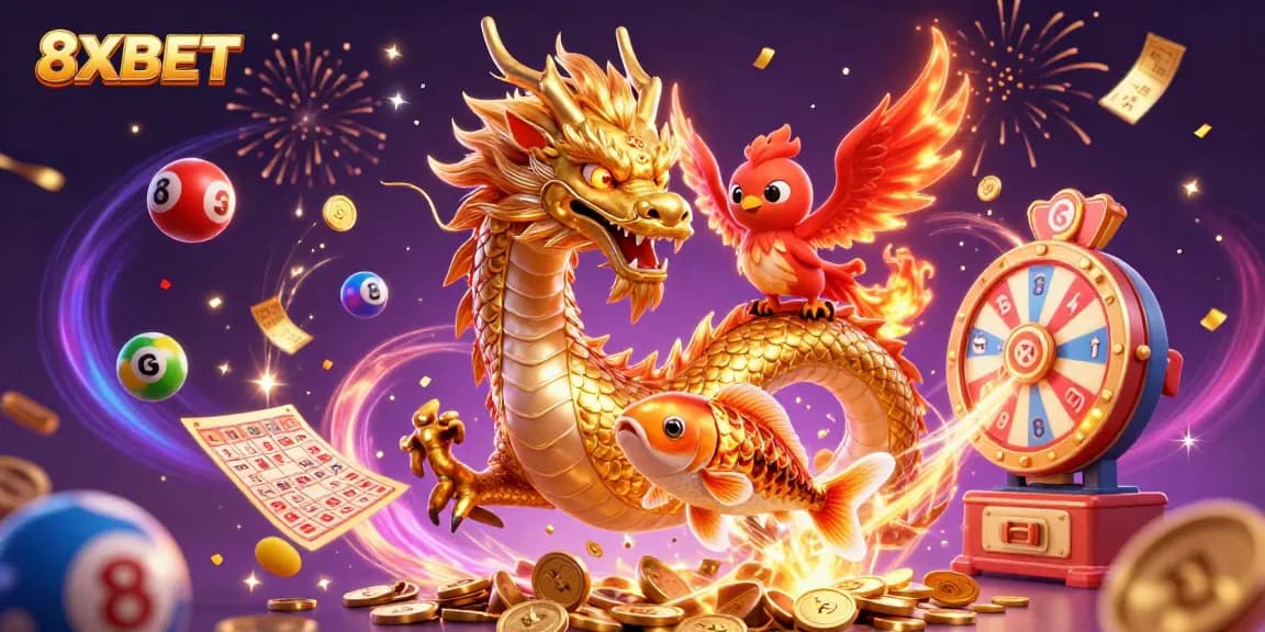 Engage in thrilling gaming at 8XBET with a vibrant scene featuring a golden dragon, phoenix, and koi fish.