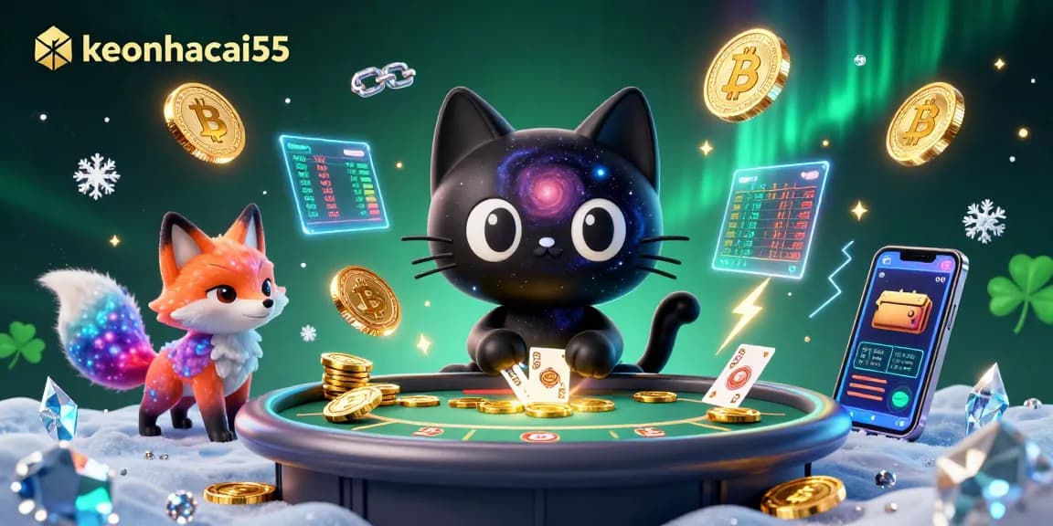 Engage with keonhacai55, featuring a cosmic cat at a casino table, winning chips and cards.