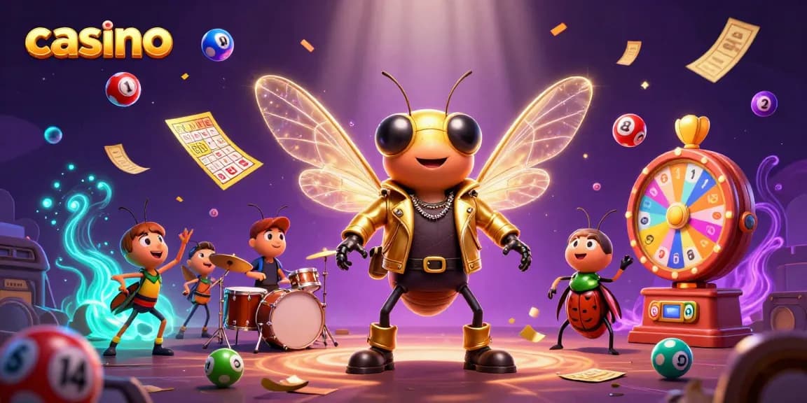 Engaging casino scene with a cicada rock star and lottery elements for digital gameplay.