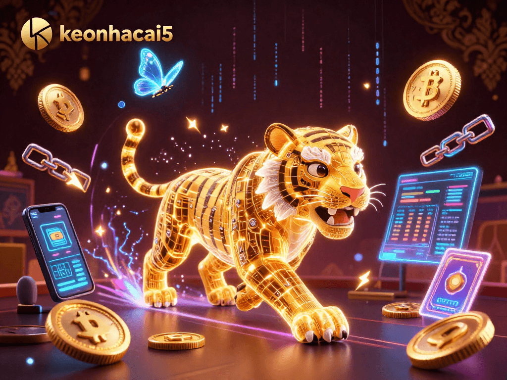 Engage with keonhacai5's thrilling digital casino world featuring a golden tiger and crypto elements.