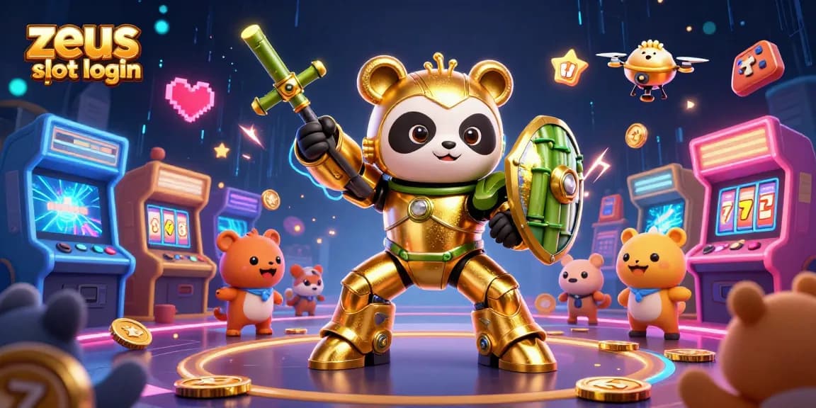 Engage with zeus slot login as golden panda pilots thrilling bamboo robot amidst vibrant casino elements.