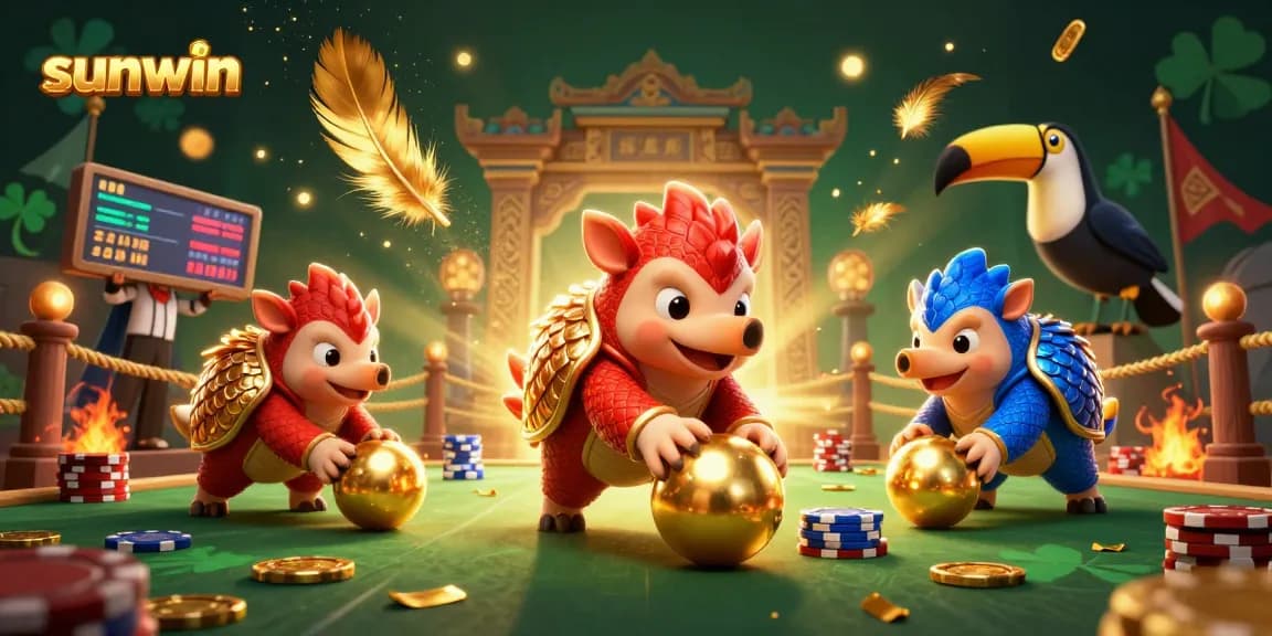 Engage in thrilling wins with sunwin, as red and blue pangolins bowl through poker chips in a casino scene.