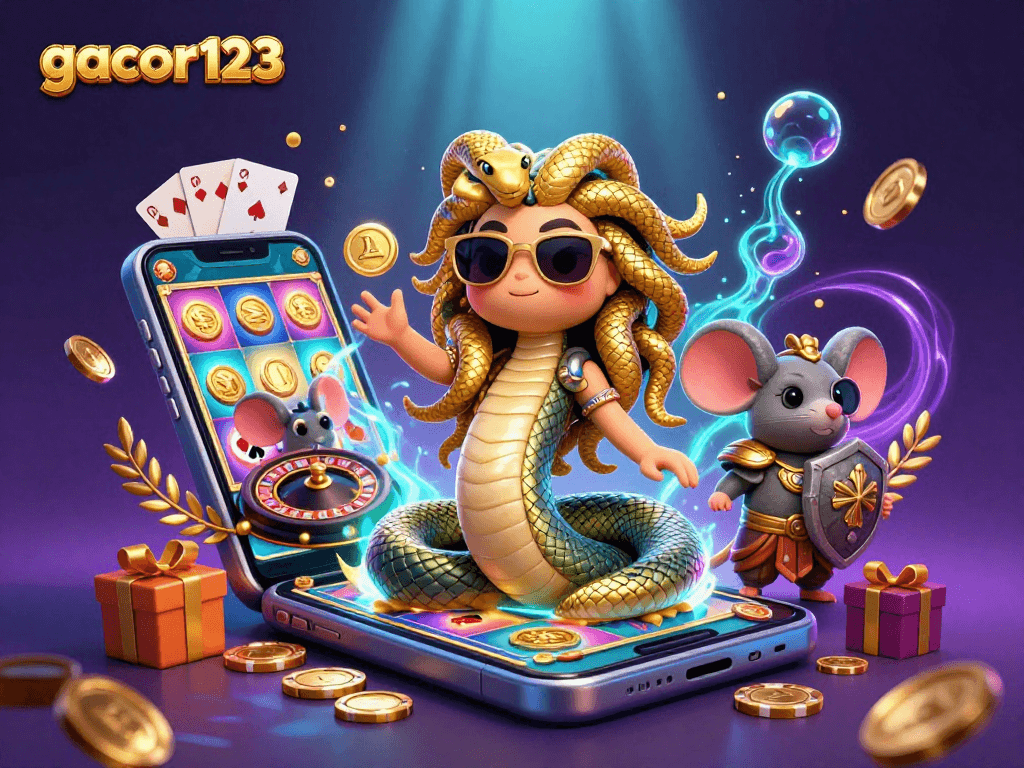 Join gacor123 with a vibrant 3D scene showcasing slot games, golden coins, and Medusa.