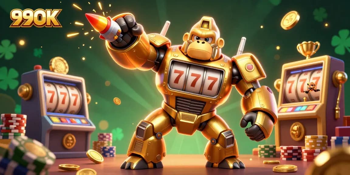 Experience the excitement at 99OK, featuring dynamic casino elements and a golden gorilla mech.