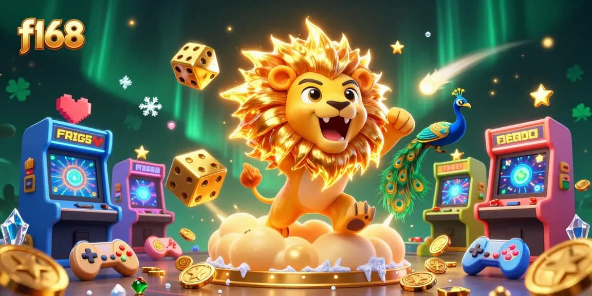 Engage with f168's vibrant gaming experience featuring a roaring sun lion, golden dice, and arcade elements.
