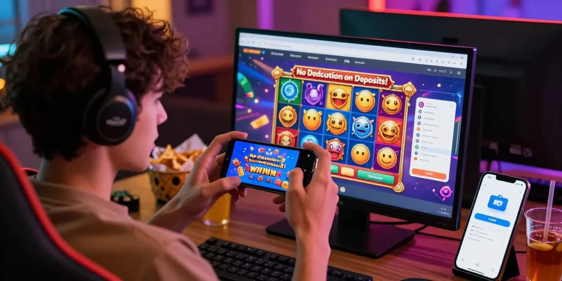 Excited user experiencing deposit pulsa tanpa potongan while playing online slots on a smartphone in a cozy gaming setup.