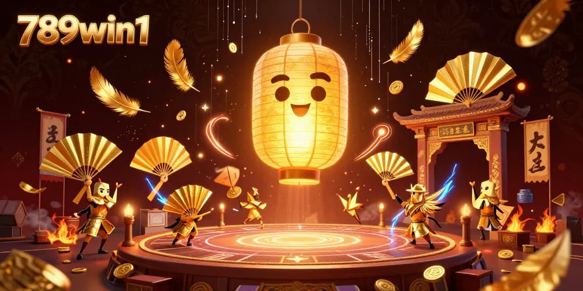Experience the vibrant action of 789win1 with a dynamic casino scene featuring a glowing lantern spirit and golden warriors.