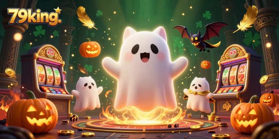 Engage with 79king. in a thrilling haunted casino featuring a ghost cat and dynamic slot reels.