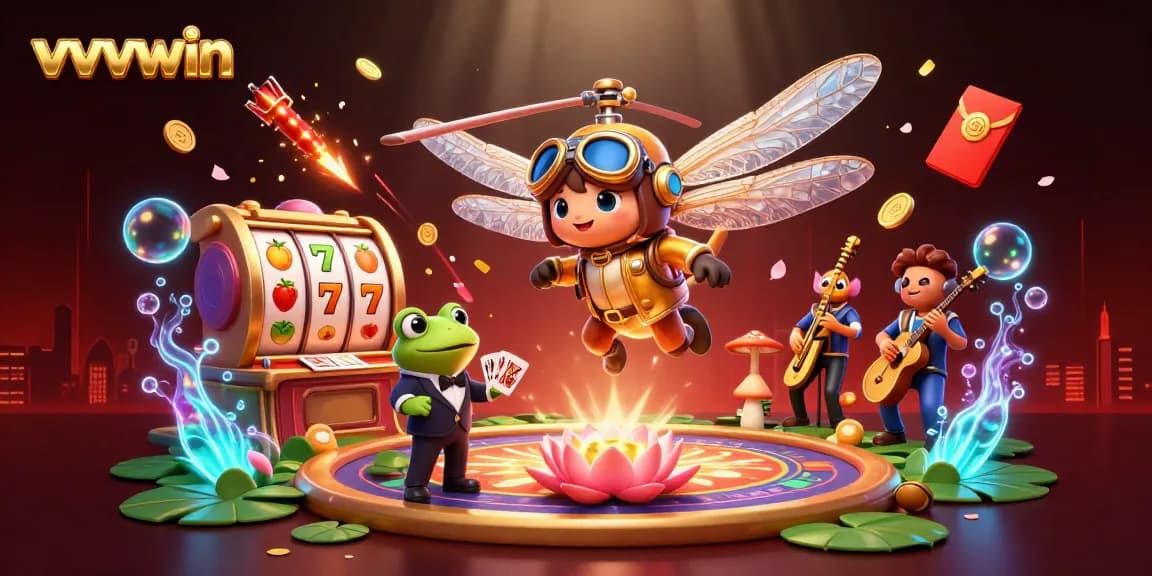 Engage with exhilarating vvvwin gameplay while a dragonfly pilot oversees the vibrant casino scene.
