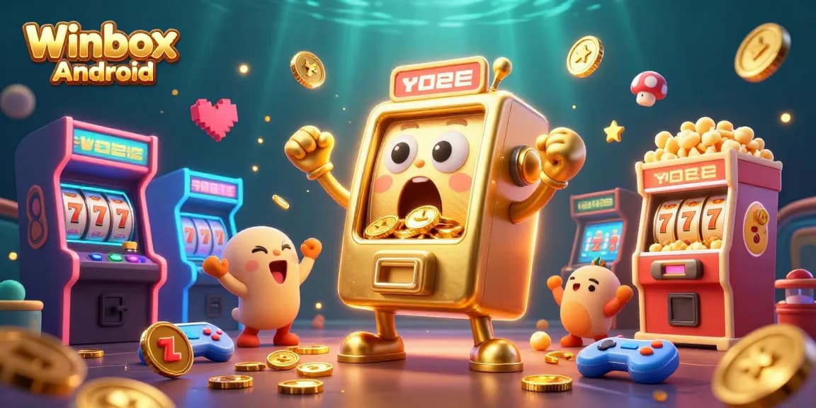 Winbox Android: Engage in the excitement of gaming with a vibrant illustration of a jackpot-winning slot machine.