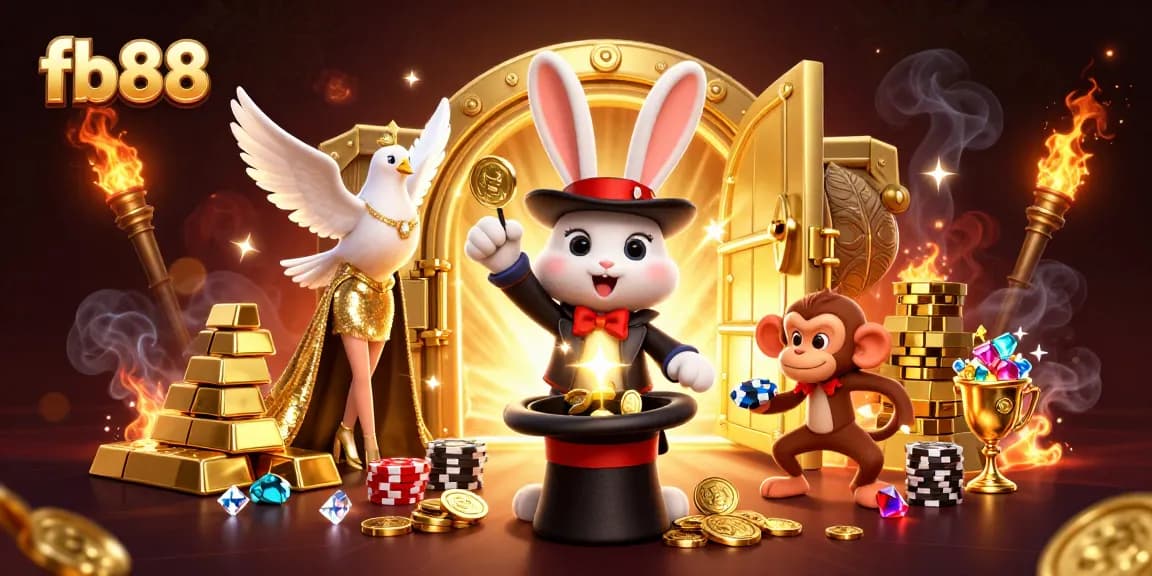 Spin and win with fb88 as a magician rabbit pulls golden coins from a top hat amidst sparkling treasures.