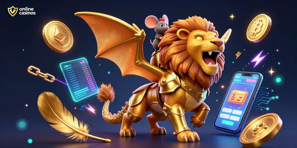 Engage with thrilling online casinos featuring a triumphant chimera and mouse jockey amidst vivid crypto elements.