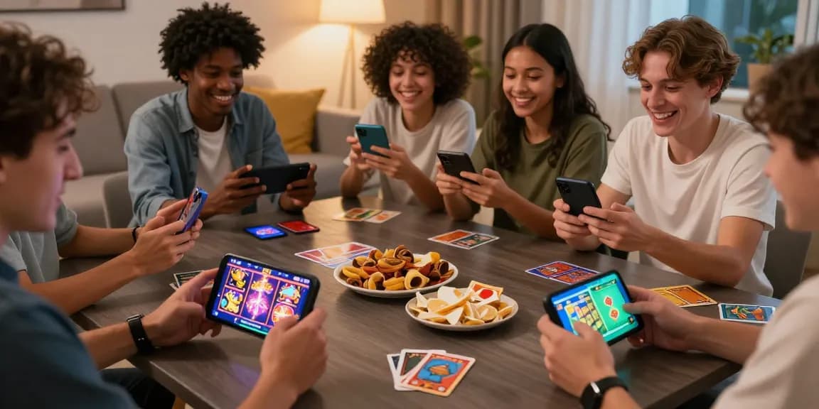 Engaging friends playing mobile games, including slots and card games, creating a vibrant gaming atmosphere.