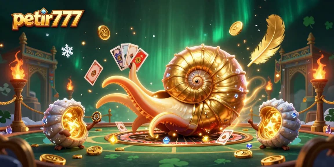 Play thrilling games on petir777 with a giant nautilus surrounded by glowing ammonites and dynamic casino elements.