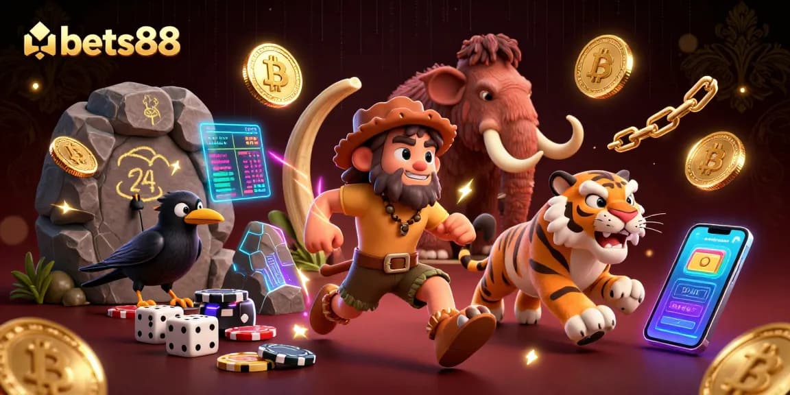 Bets88 brings excitement with caveman and tiger running a prehistoric casino filled with crypto elements.