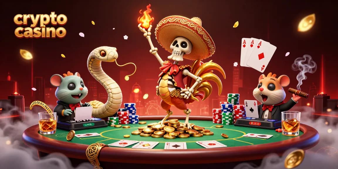 Engaging scene of a crypto casino with a victory dance by characters and vibrant gaming elements.