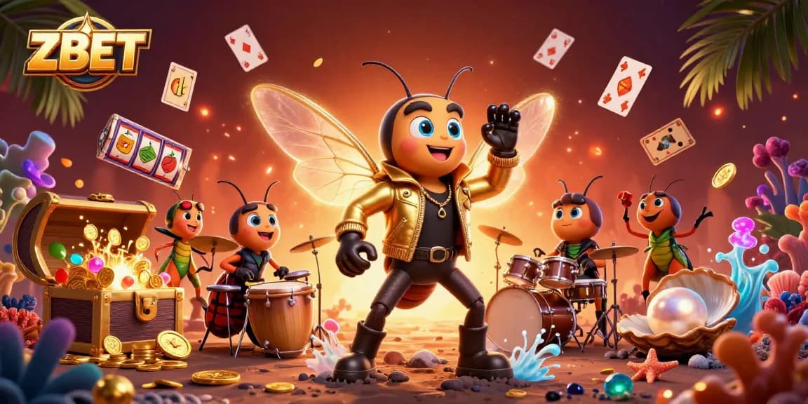 ZBET captures excitement with a 3D rock star cicada amidst vibrant casino elements.