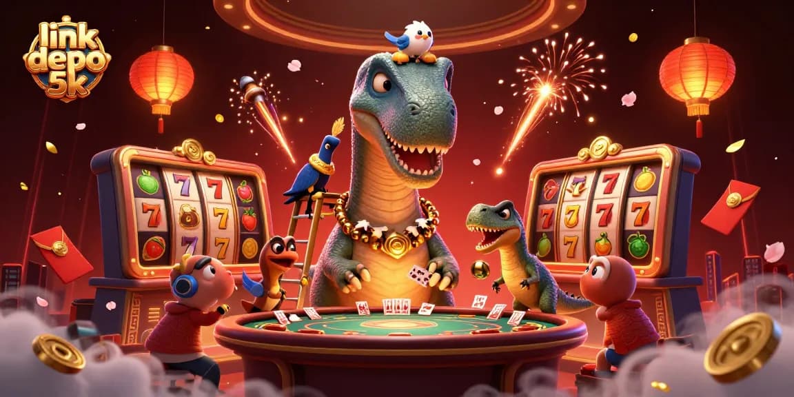 Experience the excitement of link depo 5k with a playful scene of a dinosaur and raptor at a casino, filled with rich gaming elements.