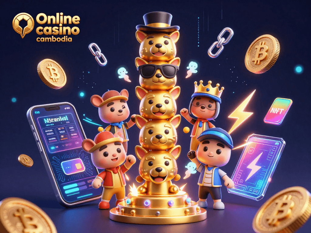 Engage in online casino Cambodia with vibrant 3D illustration featuring casino symbols and cryptocurrency elements.