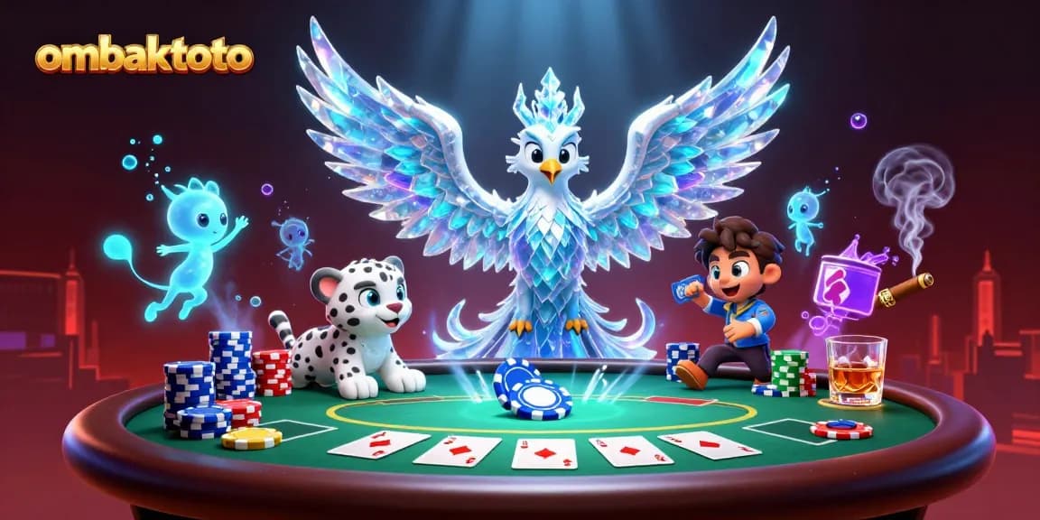 Experience ombaktoto excitement with an engaging 3D casino scene featuring an ice phoenix and poker elements.