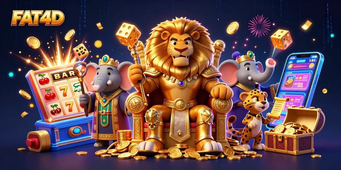 Experience winning strategies with FAT4D in this vibrant casino illustration featuring joyful characters and dynamic slot action.