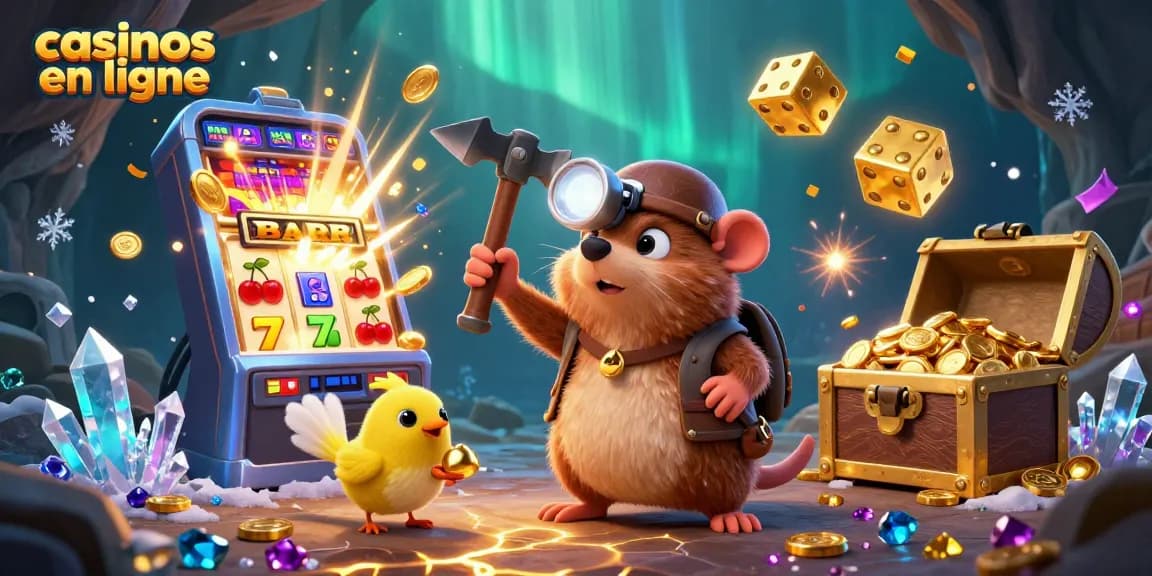 Engage with casinos en ligne through a thrilling 3D scene illustrating a treasure hunter, rich gaming elements, and sparkling treasures.