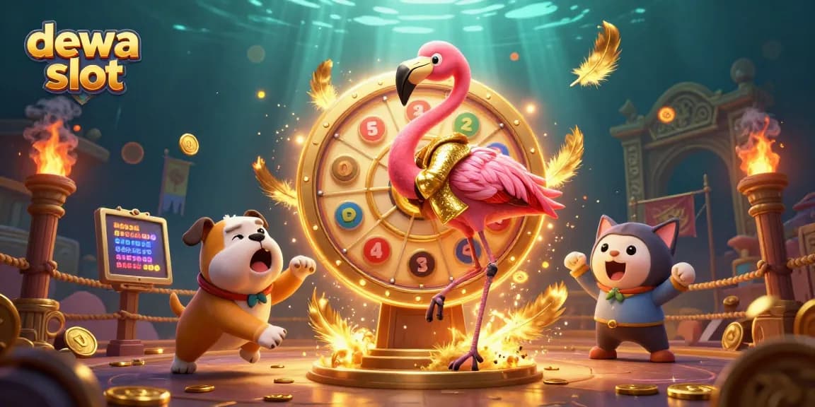 Engage with dewa slot excitement in this dynamic gaming scene featuring a flamingo host and a bulldog contestant.
