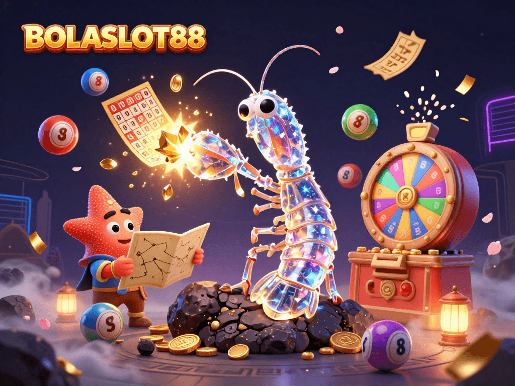 Engage with BOLASLOT88 in an exciting 3D scene bursting with colorful lottery and casino elements.