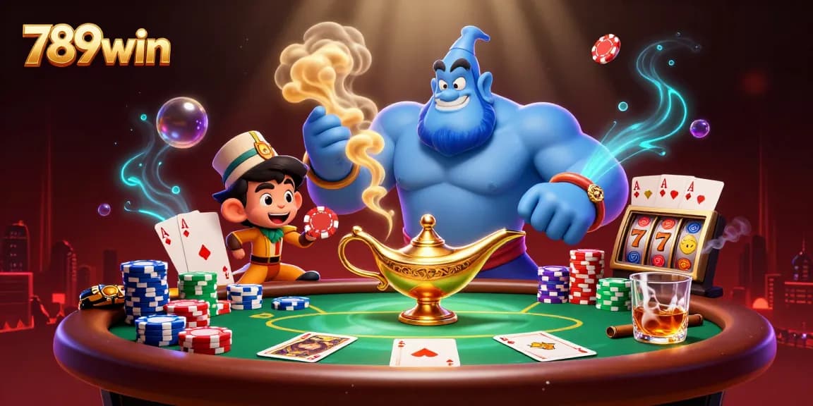 Engage with 789win by joining a vibrant casino scene featuring a genie and poker elements.