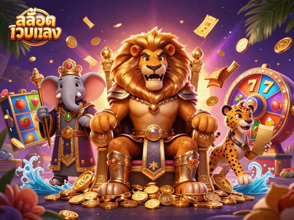 Engage with สล็อตเว็บตรง in a vibrant illustration featuring a lion king, elephant advisor, and cheetah messenger, surrounded by slot game elements.