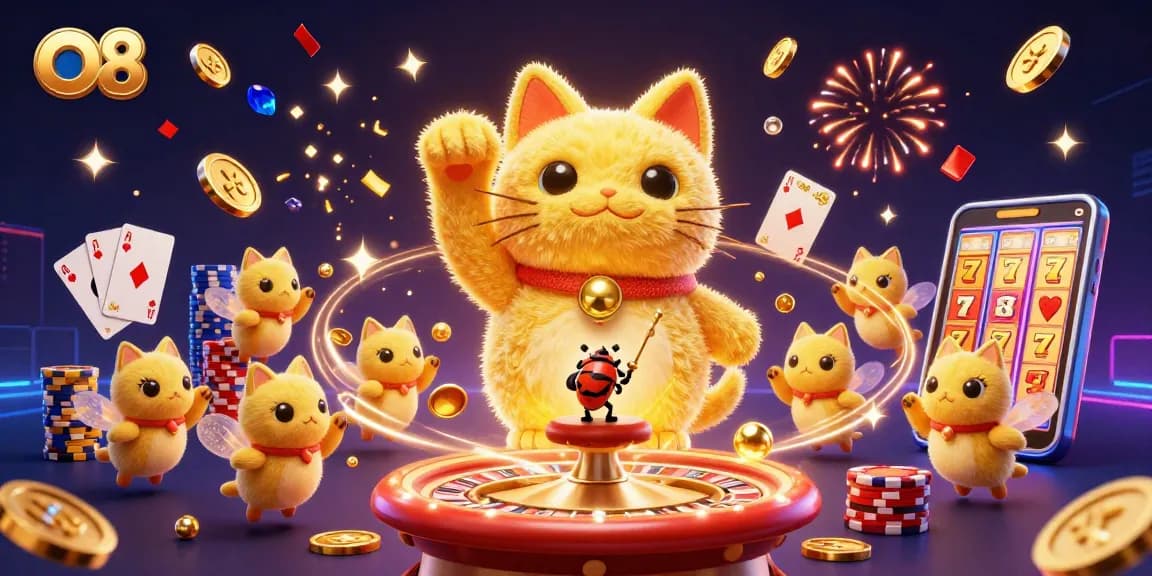 Experience O8’s vibrant casino scene with dynamic symbols and lucky cat, capturing the thrill of gambling.
