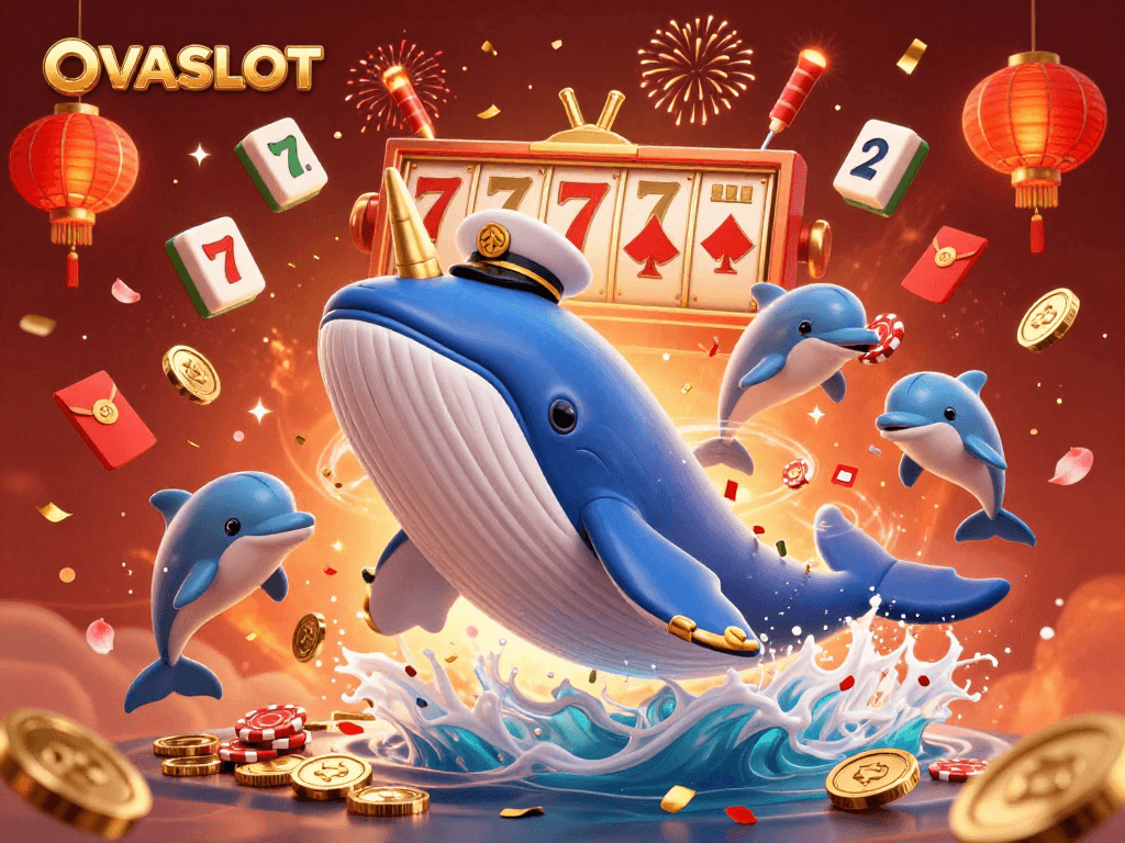 Engage in thrilling slot action at OVASLOT with an exciting illustration of a whale and dolphins celebrating among golden treasures.