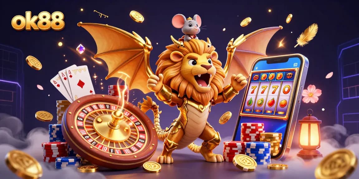 Experience the thrill of ok88, where a chimera creature and mouse jockey lead an exciting slots adventure amid flying coins and vibrant game elements.