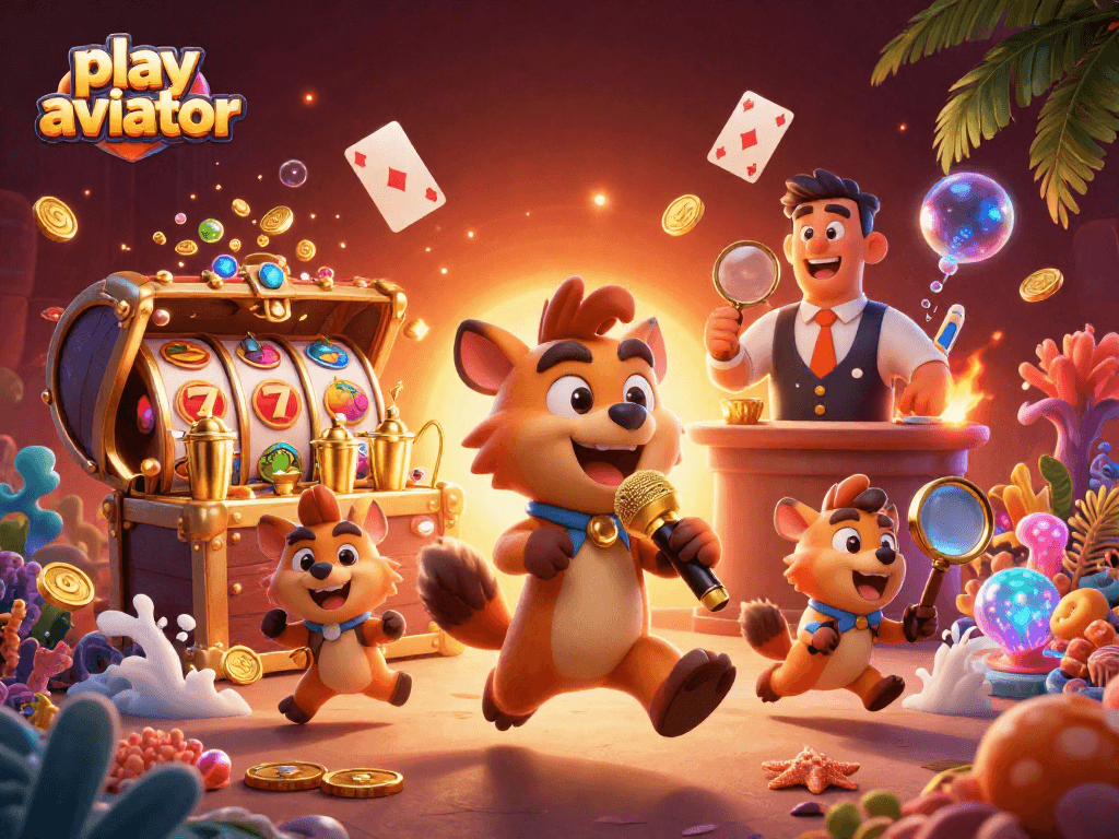 Play Aviator game with lively hyenas in a vibrant casino environment, mixing fun and excitement.