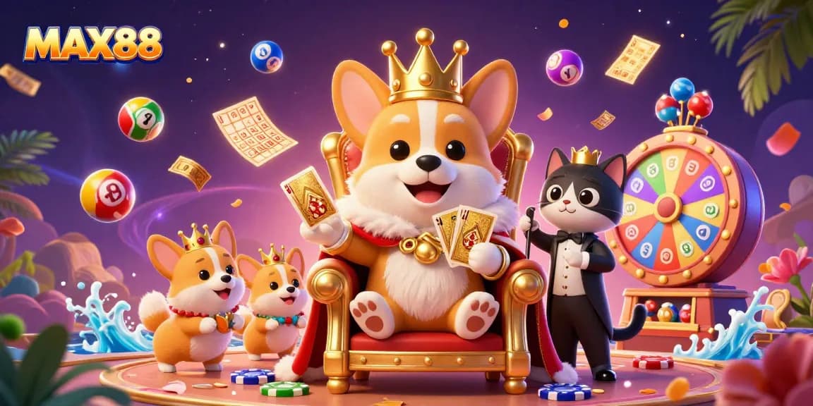 Join MAX88 in a vibrant casino world filled with colorful games and playful characters.
