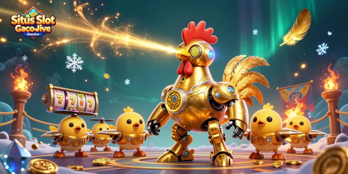 Situs Slot Gacor Dewalive showcases a dynamic scene with a futuristic golden rooster robot and baby chick drones engaging in a thrilling slot adventure.